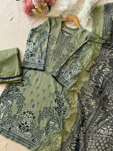 Green  Printed Unstitched Suit 3974