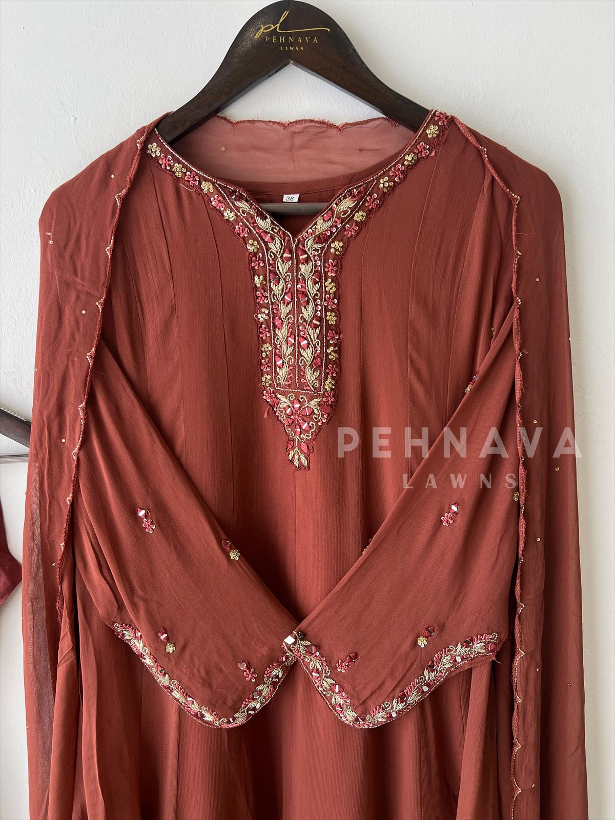 Full-flaired front slitted Gown with hand and Neck detailings - Pehnava Lawns