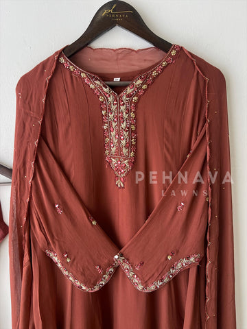 Full-flaired front slitted Gown with hand and Neck detailings - Pehnava Lawns