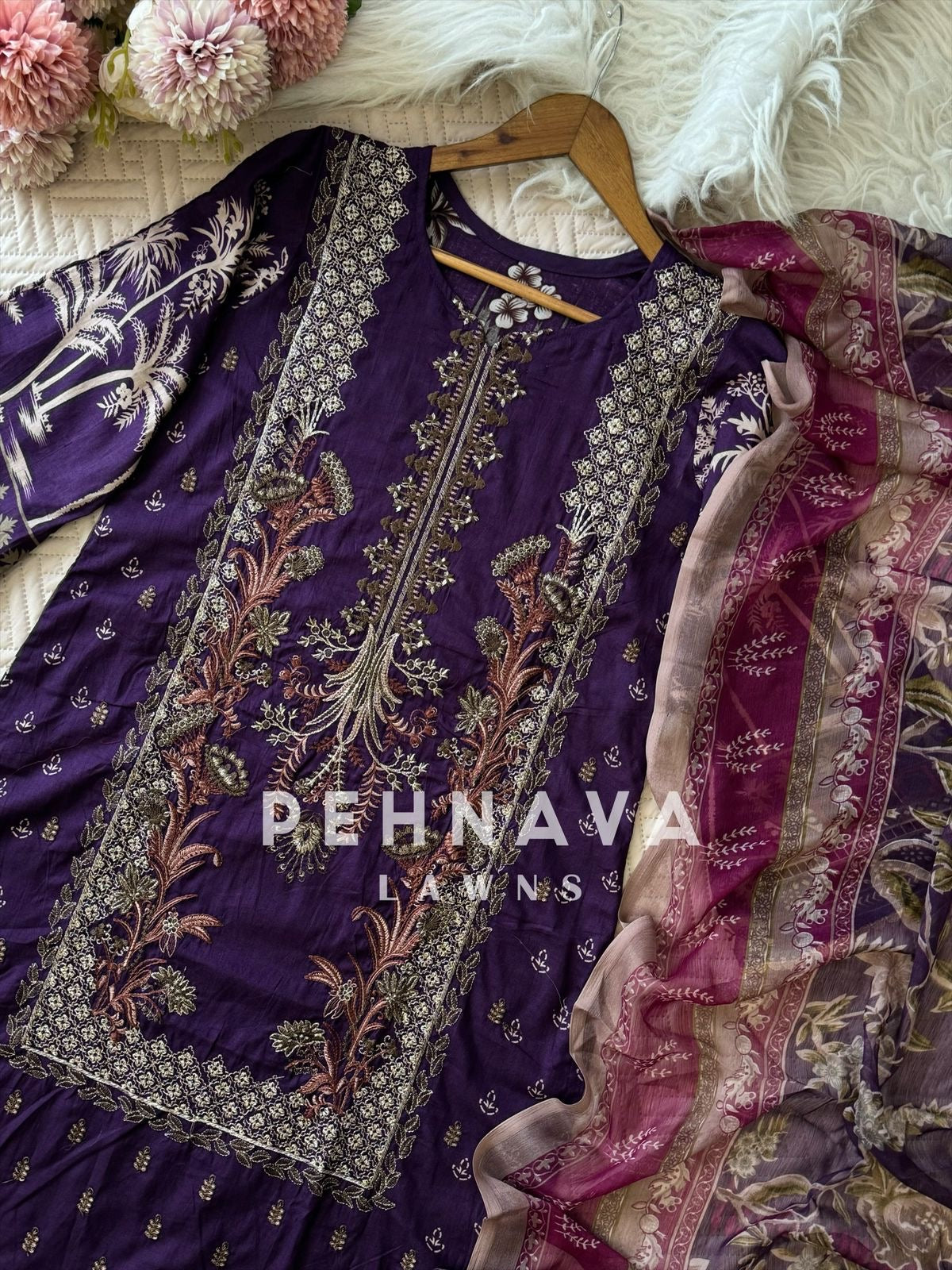 Purple Cotton Embroidered Suit with Chiffon/Cotton Dupatta-3374