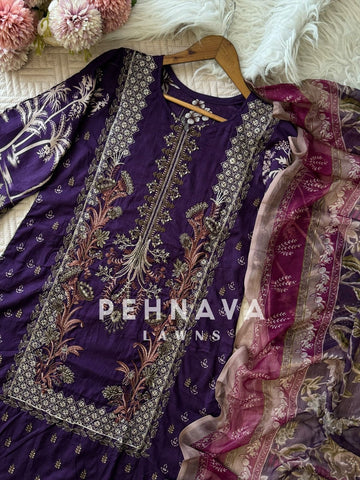 Purple Cotton Embroidered Suit with Chiffon/Cotton Dupatta-3374