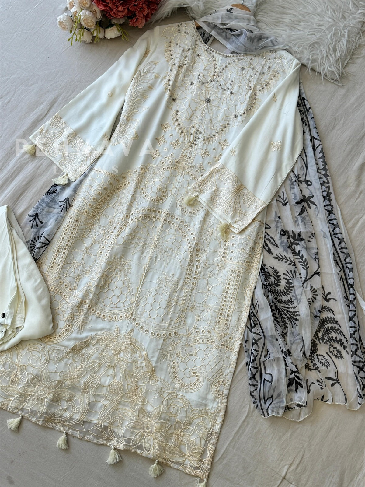 White Ready to Wear Embroidered Rayon Suit 1455 - Pehnava Lawns