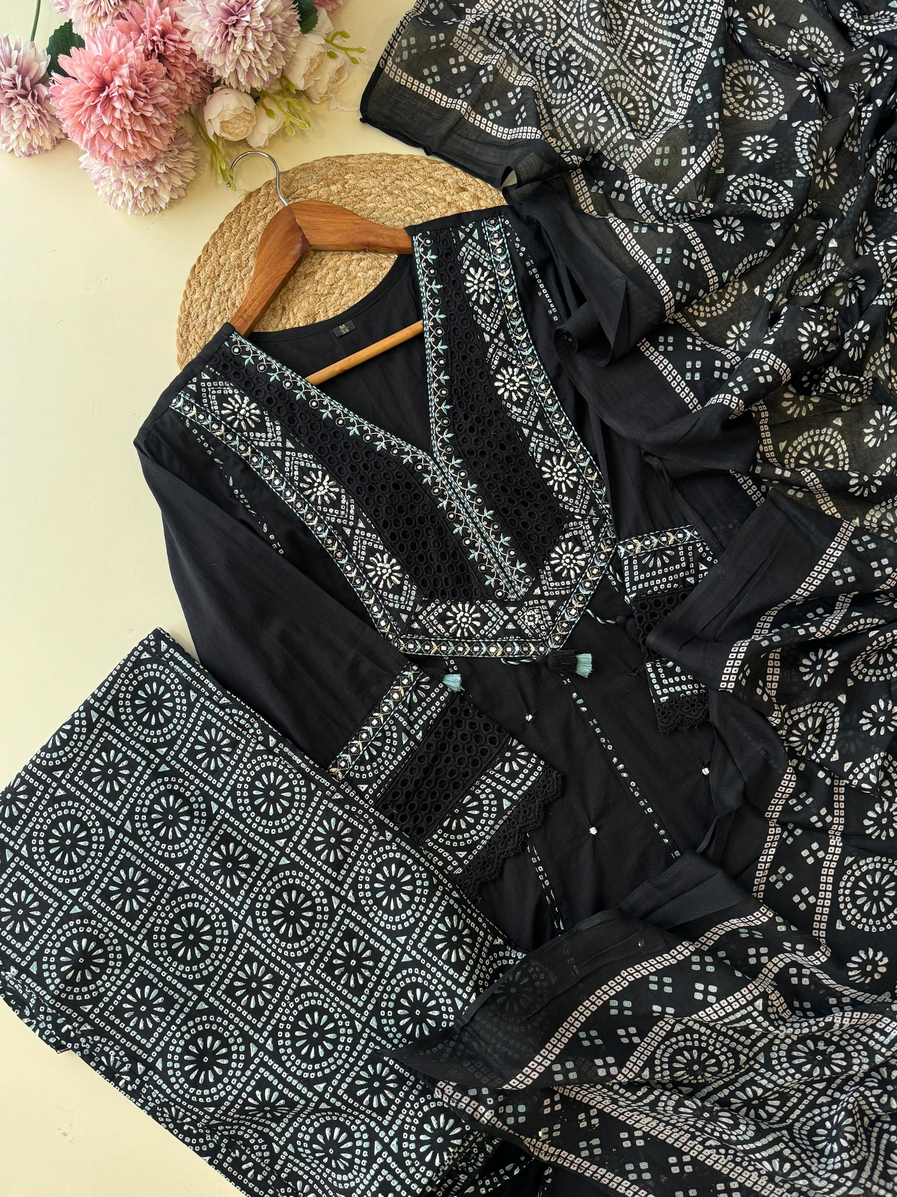 Pure cotton embroidered Anarkali suit with hackoba Detailings