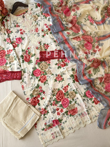 Floral Unstitched Suit with Chiffon Dupatta-1329A