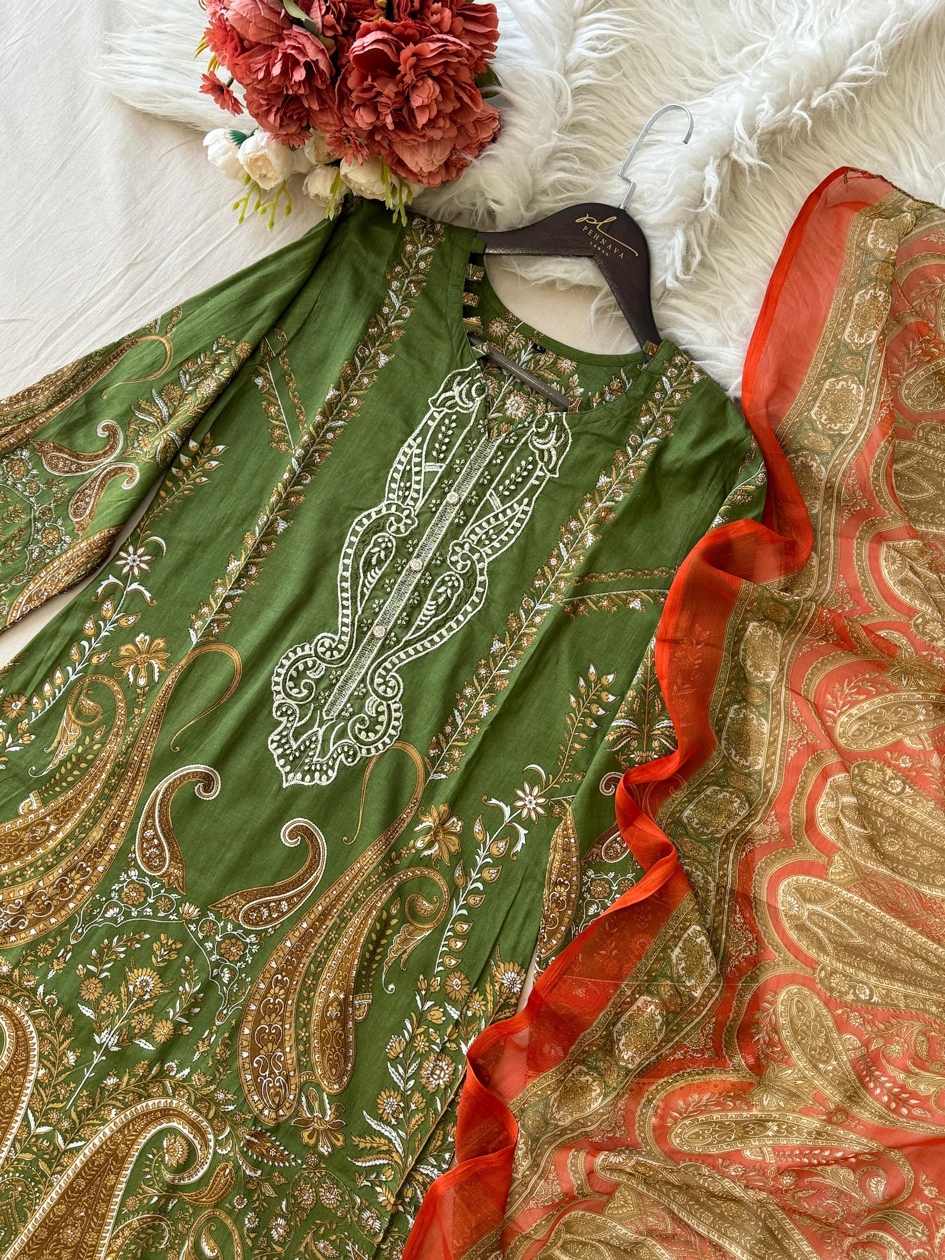 Green Printed Pakistani Cotton Suit with Chiffon Dupatta 1350