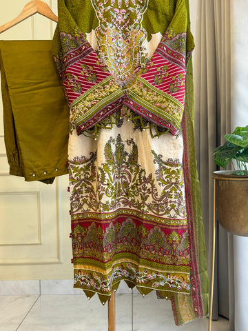 Green Cotton Embroidered Floral Suit-1
