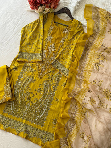 Printed Casual Suit with organza patches-yellow 495 - Pehnava Lawns