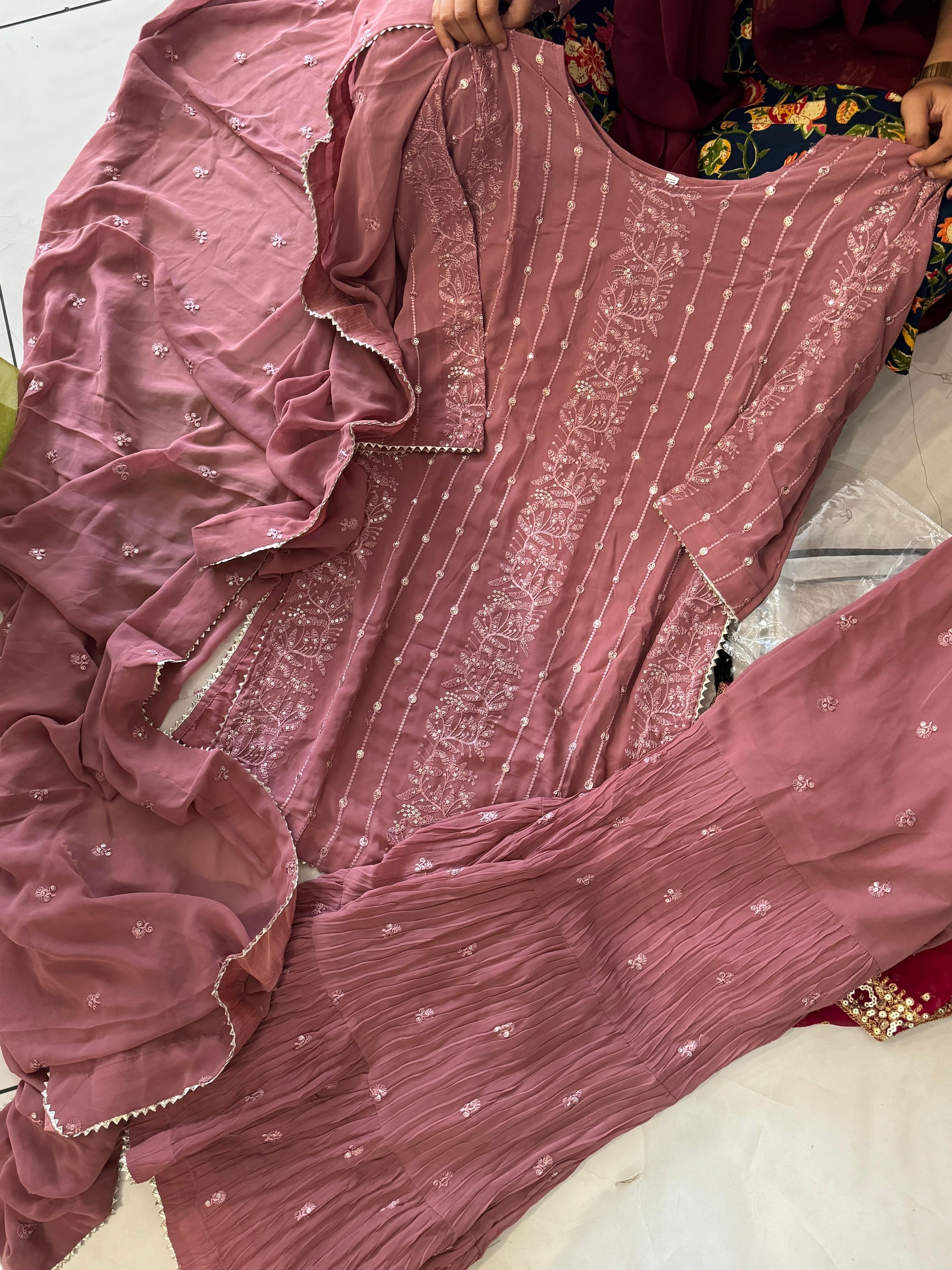 Georgette Embroidered Pink Sharara Suit