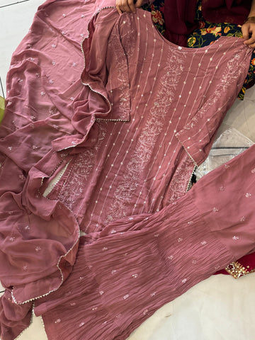 Georgette Embroidered Pink Sharara Suit