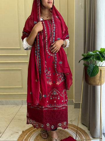Red Semistitched Cotton Fully Embroidered Suit