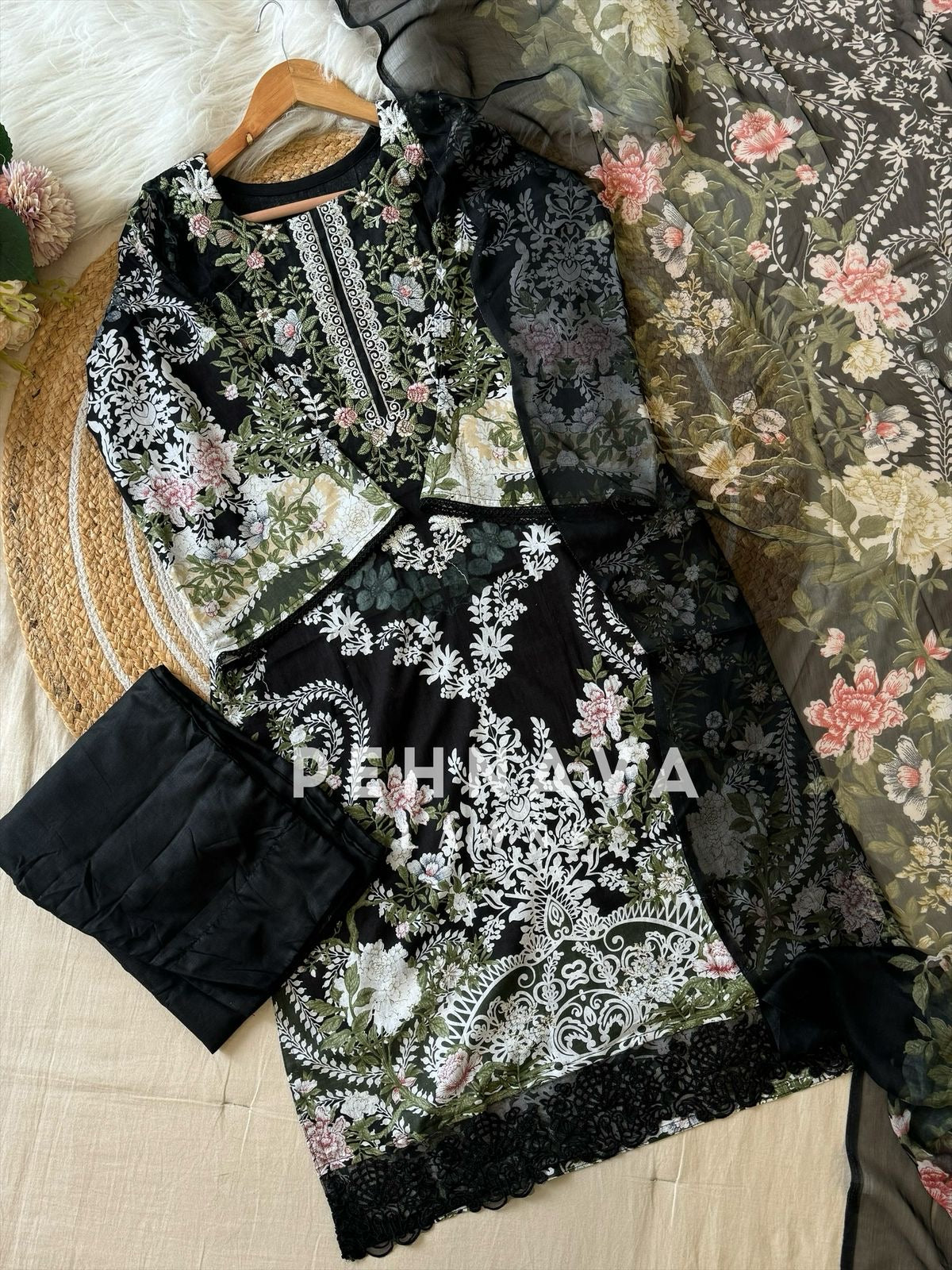 Pakistani printed cotton suit with embroidered patches -9082