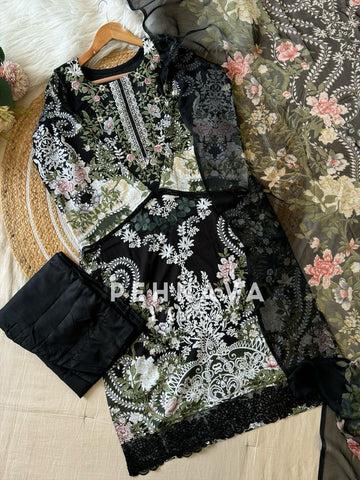 Pakistani printed cotton suit with embroidered patches -9082