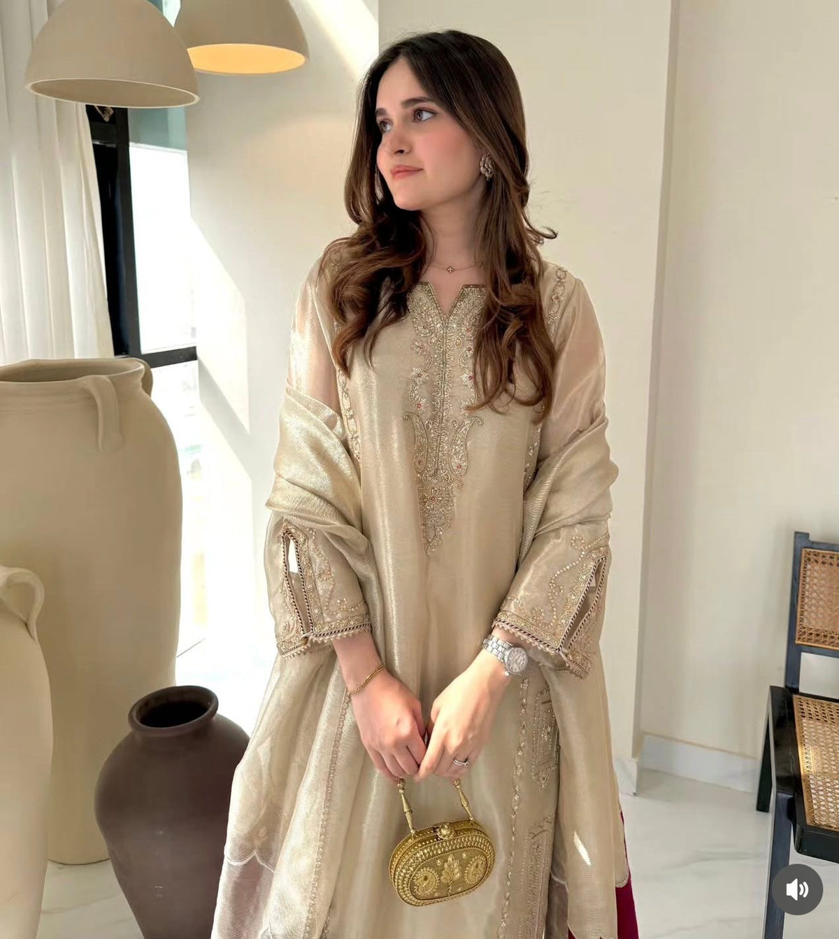 Beige Shimmer Party wear with Organza Dupatta - Pehnava Lawns