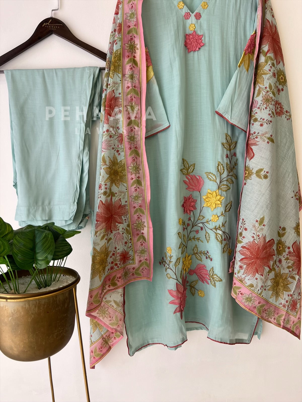 Floral Embroidered with Appliqué Chanderi Suit - Pehnava Lawns
