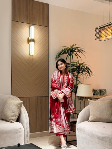 Red Neckline Embroidered Paksuit-1356A