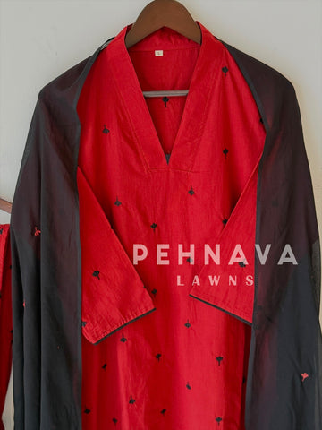 V-Neck Embroidered Cotton Suit