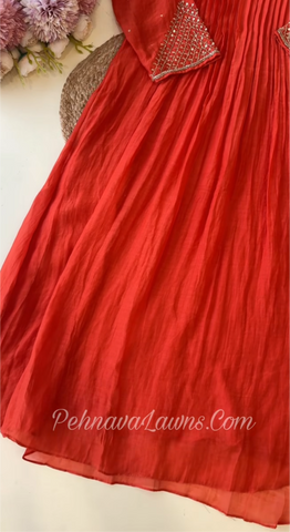 Premium Mul Chandheri Pleated A- line suit with hand detailings