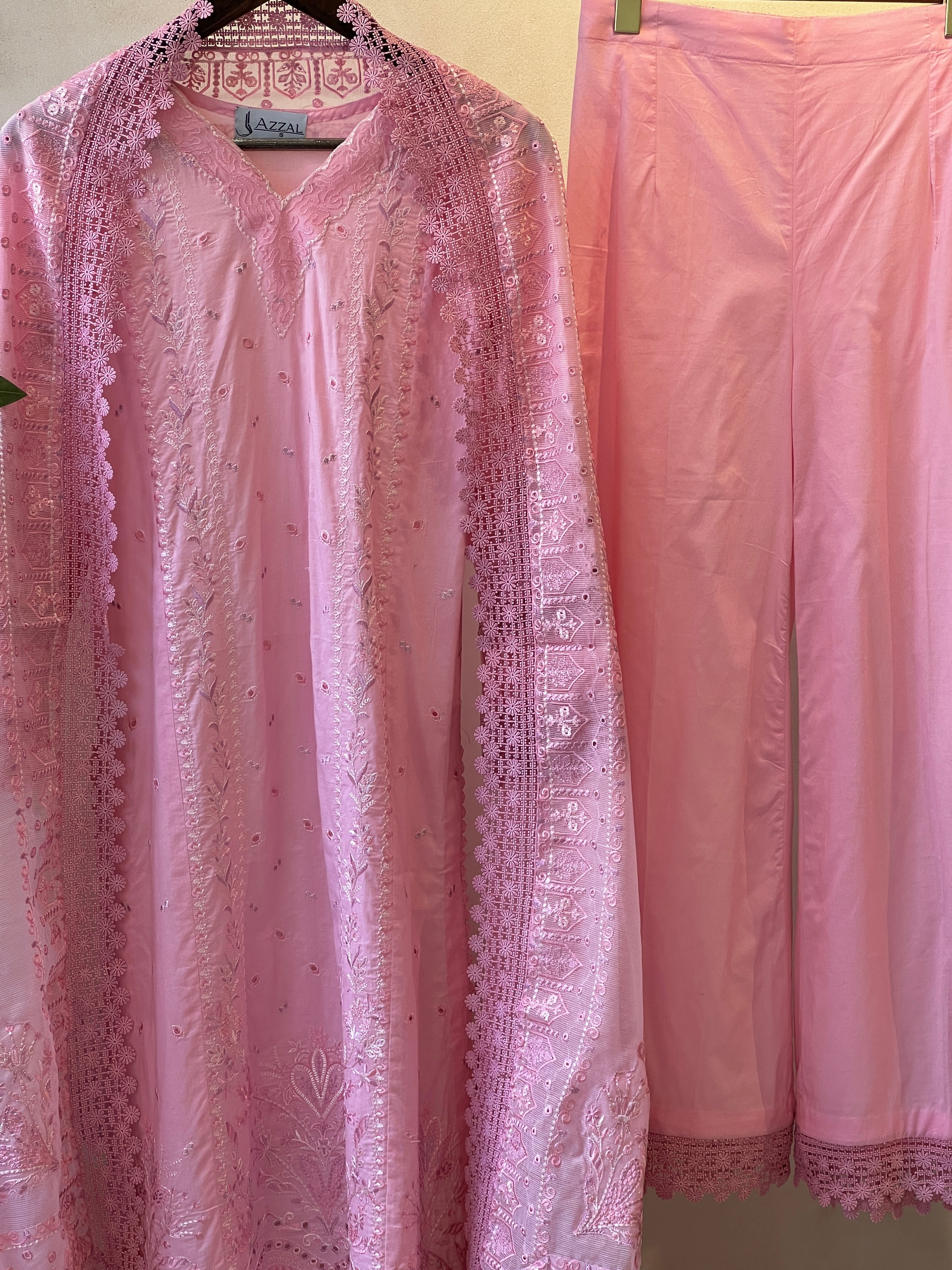 Azzal luxurious stitched embroidered suit - CORAL - Pehnava Lawns