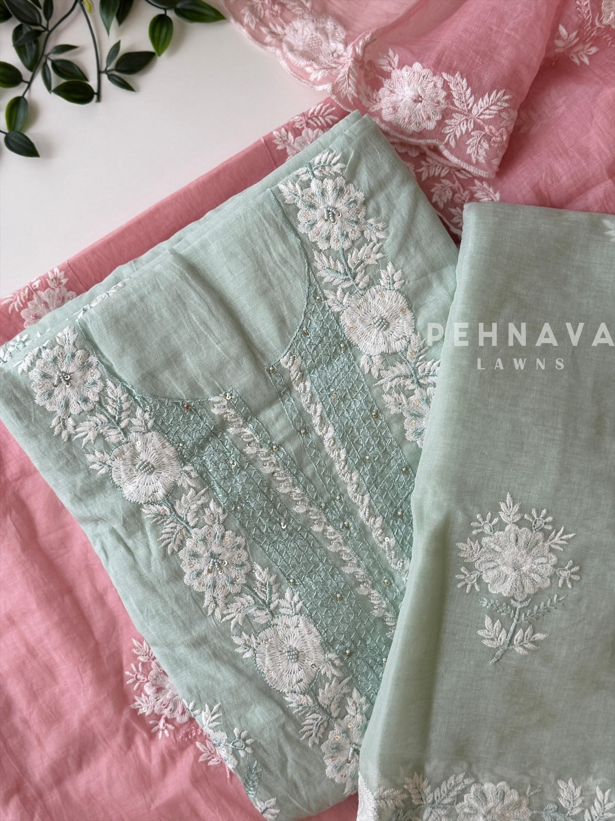 White‑thread Embroidery Unstitched Chanderi Suit-2630