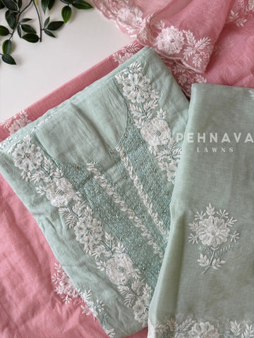 White‑thread Embroidery Unstitched Chanderi Suit-2630