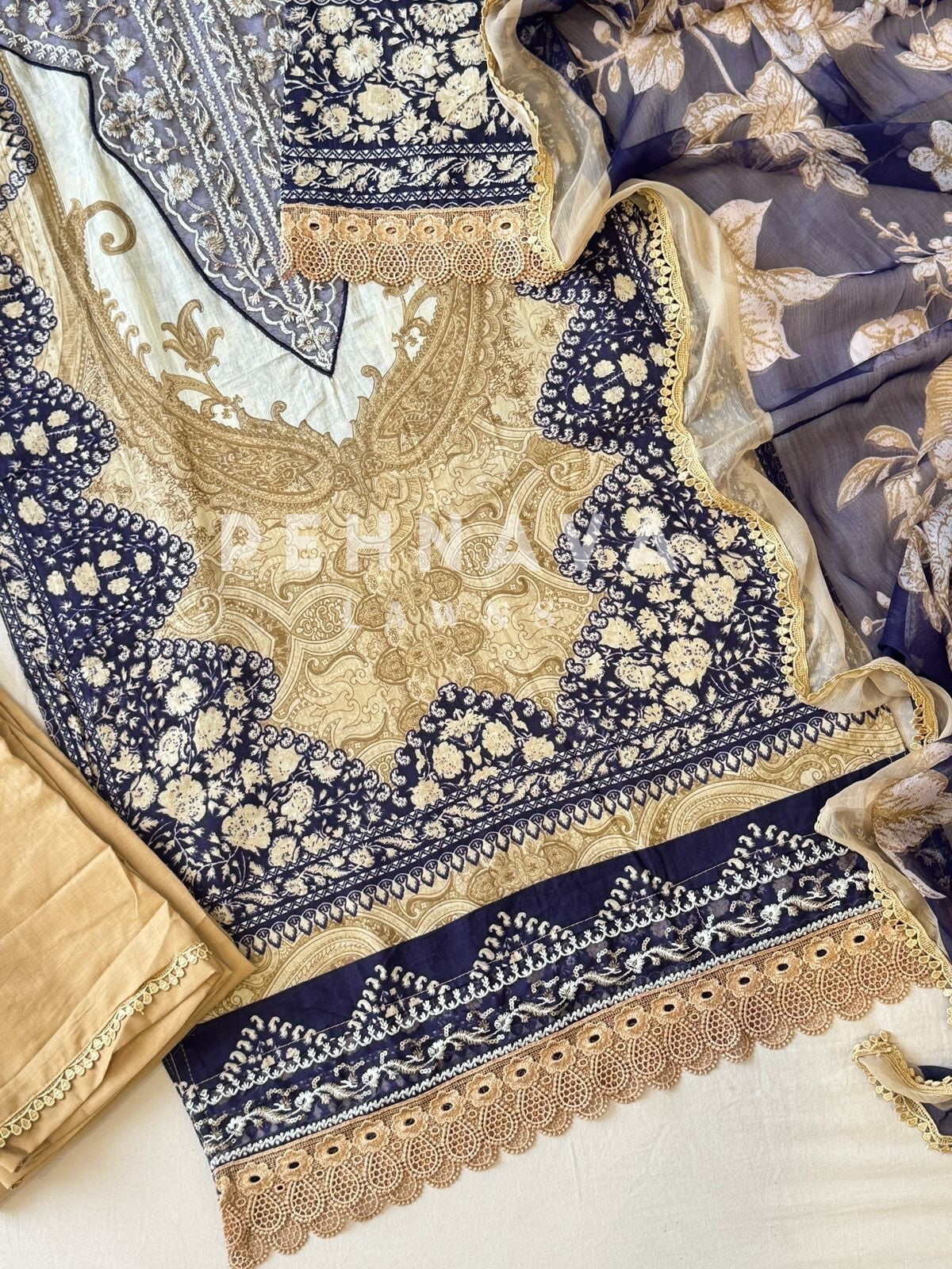 Violet’n Yellow Neckline Embroidered Pak-Suit - Pehnava Lawns