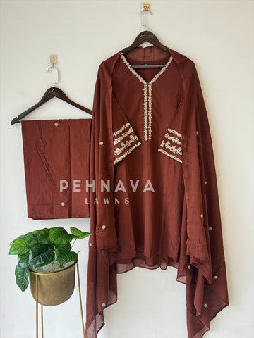 Cotton Embroidered Three Piece Suit-1001