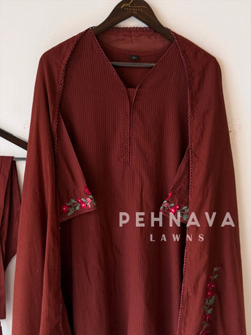 Cotton Embroidered Three Piece Suit-17364