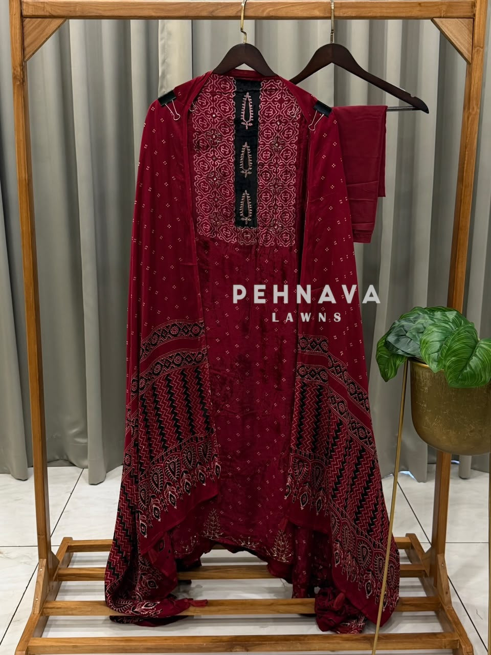 Velvet Ajrakh Printed Unstitched Suit