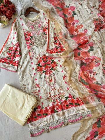 Creme Neckline Embroidered Paksuit 1367A