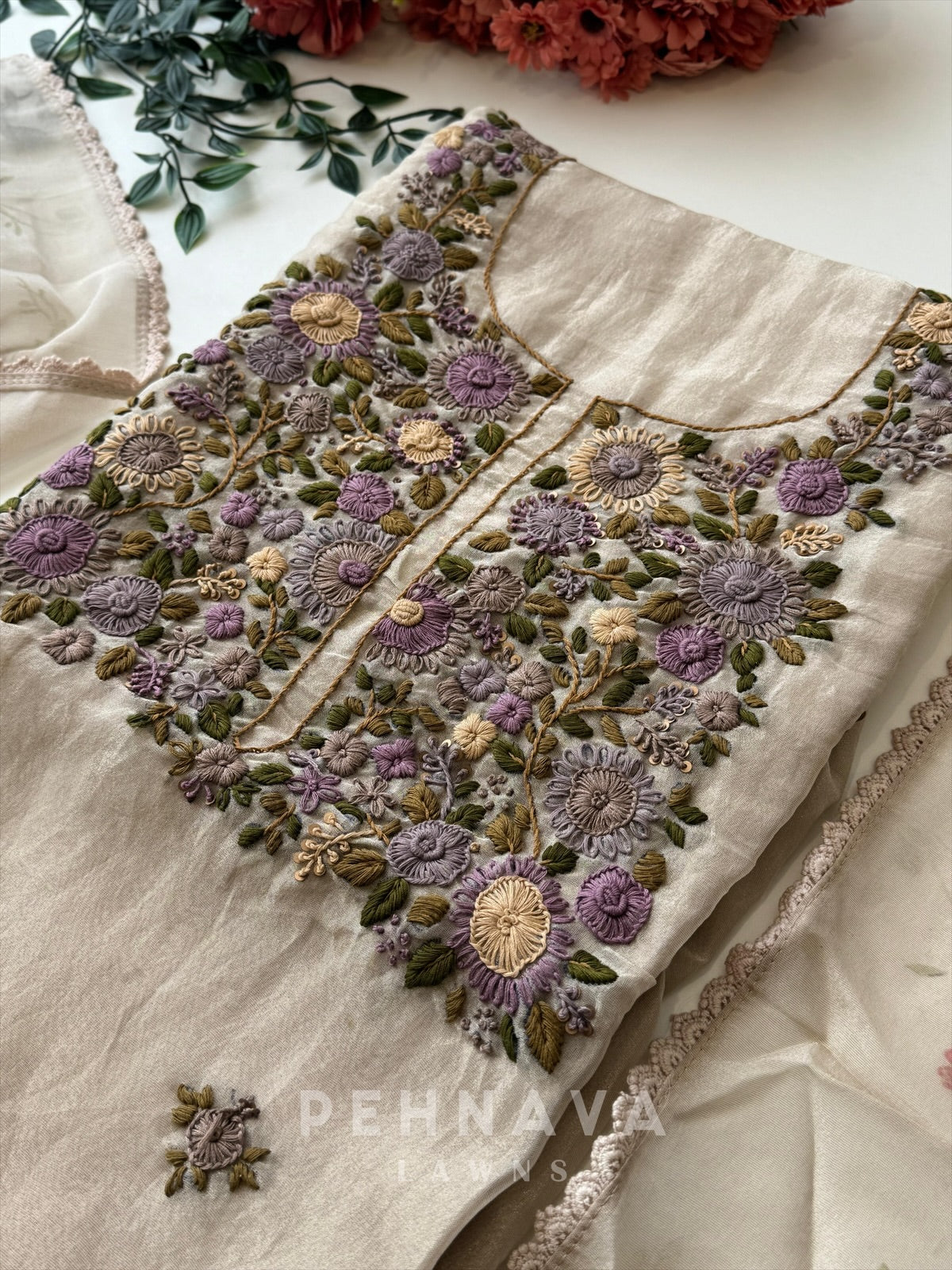 Premium Crushed Tissue Embroidered Unstitched Suit No.2 - Pehnava Lawns