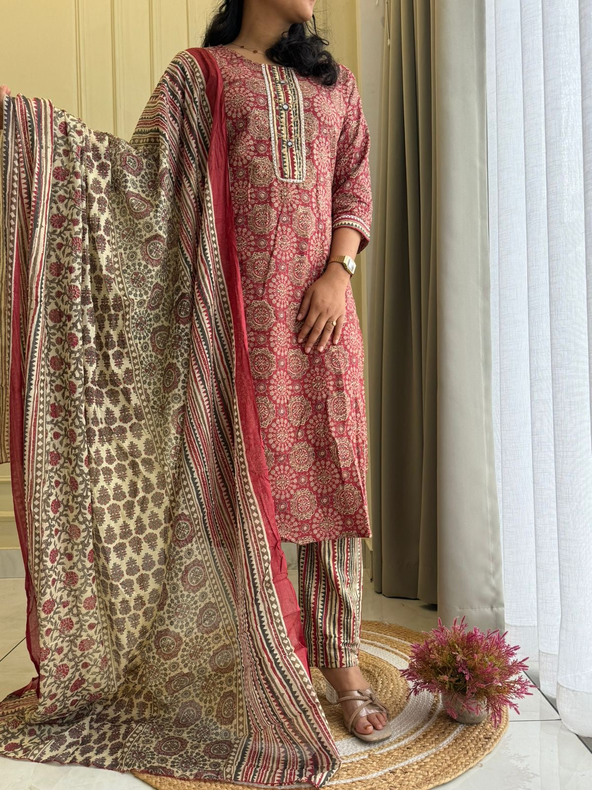 Ajrak Printed Cotton Suit with Neck detailings -Red