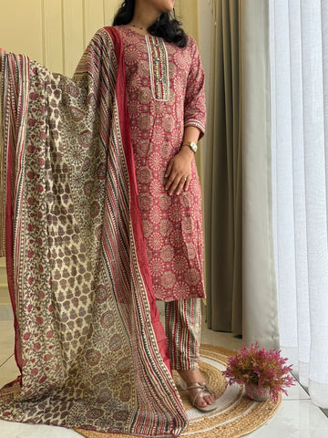 Ajrak Printed Cotton Suit with Neck detailings -Red