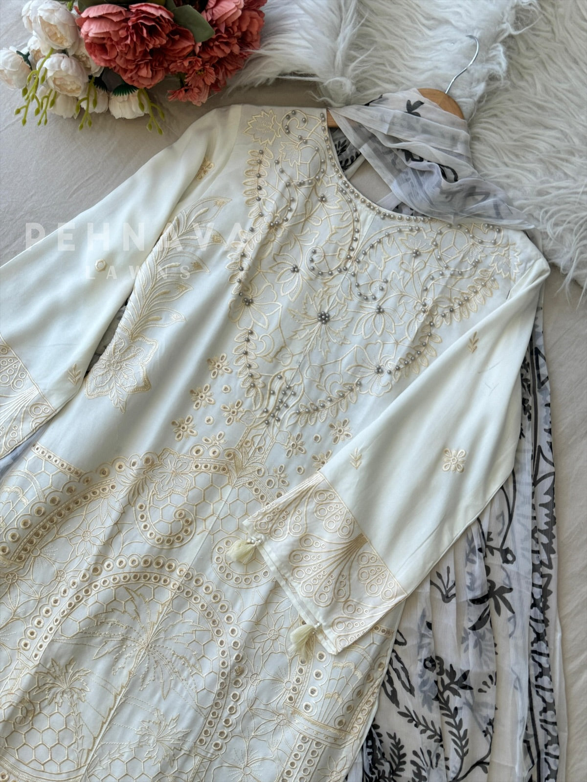White Ready to Wear Embroidered Rayon Suit 1455 - Pehnava Lawns