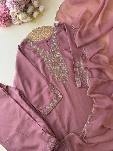 Russian silk Hand detailed suit with organza scalloped dupatta8909