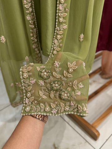 Premium Chiffon handworked jacket style with scalloped organza dupatta