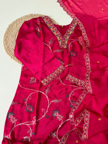 Silk hand detailed suit with orgnaza scalloped dupatta