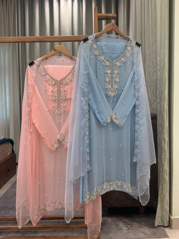 Premium organza  handwork suit with bottom and organza  hand  worked dupatta-2247