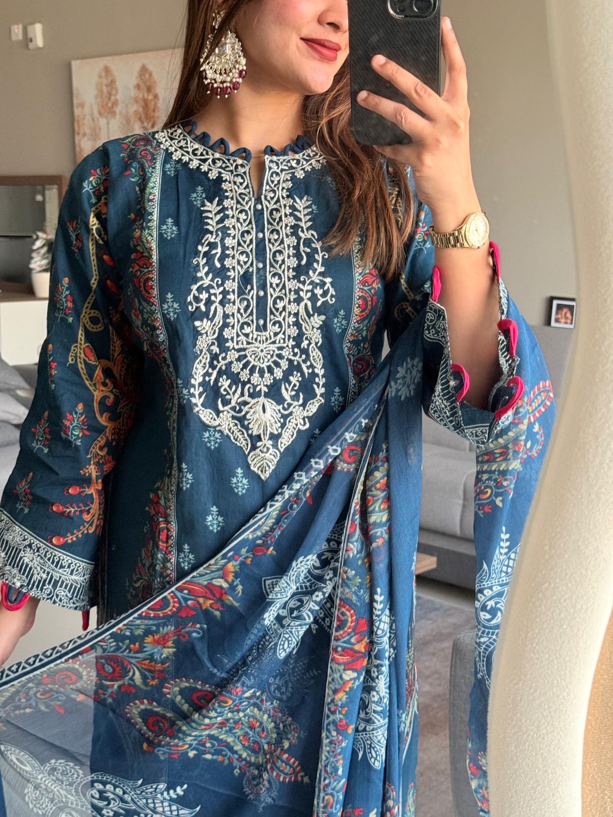 Pakistani printed suit with embroidered detailing