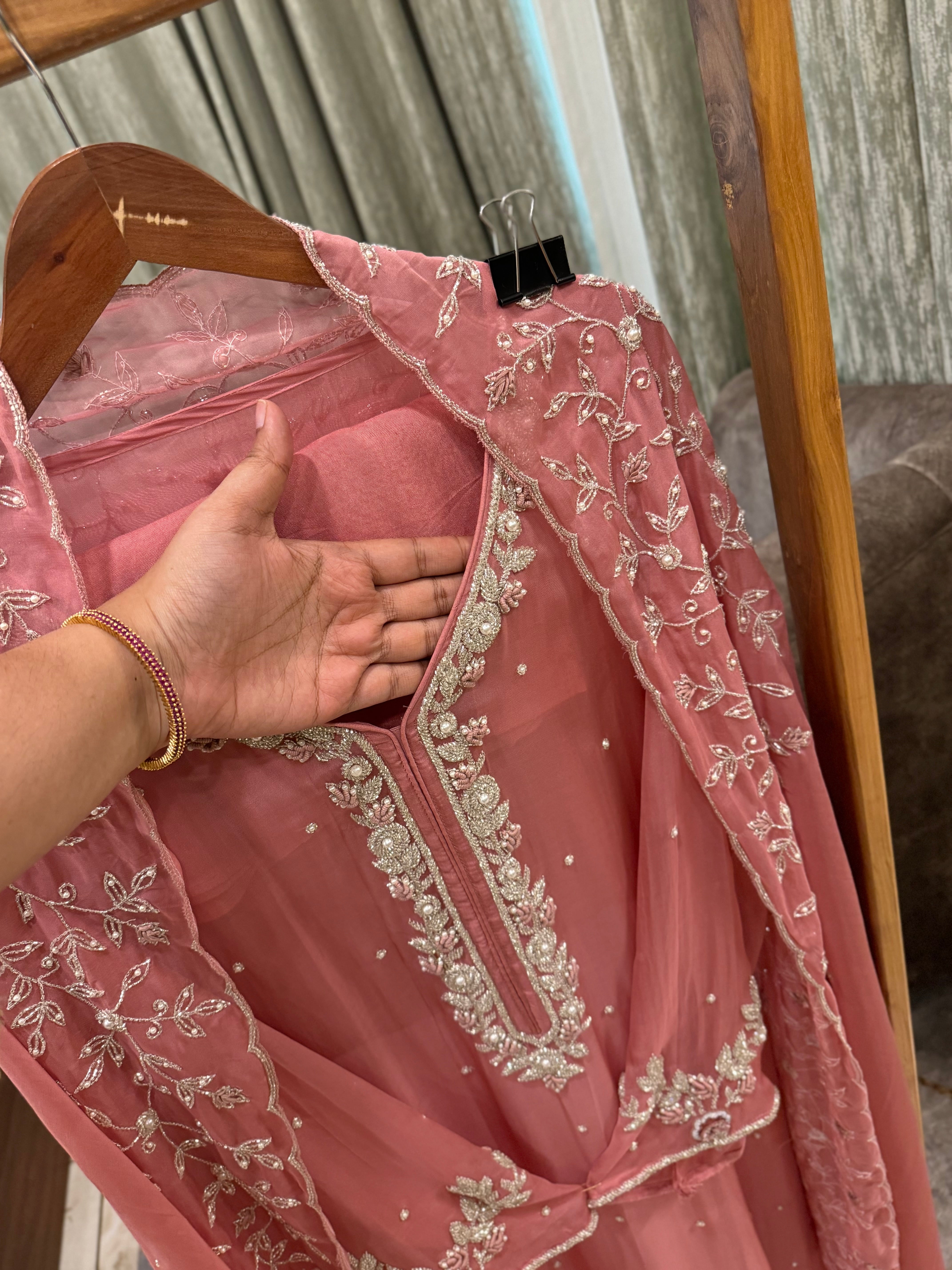 Premium organza  handwork suit with bottom and organza  hand  worked dupatta-1098