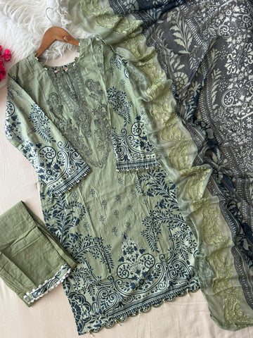 Green Block Printed Pakistani Suit