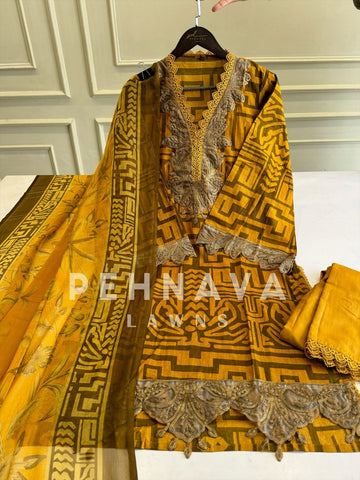 Embroidered Lawn Suit with Printed Dupatta-Chiffon/Cotton-9