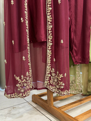 Premium Chiffon handworked jacket style with scalloped organza dupatta