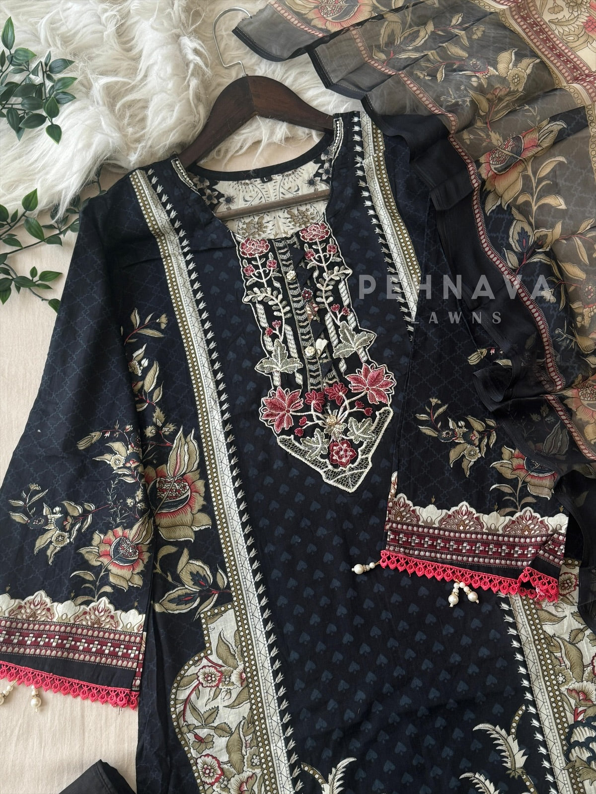 Black Lawn Suit with Printed Dupatta-Chiffon/Cotton 1346 A - Pehnava Lawns