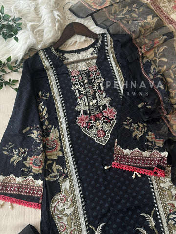 Black Lawn Suit with Printed Dupatta-Chiffon/Cotton 1346 A - Pehnava Lawns