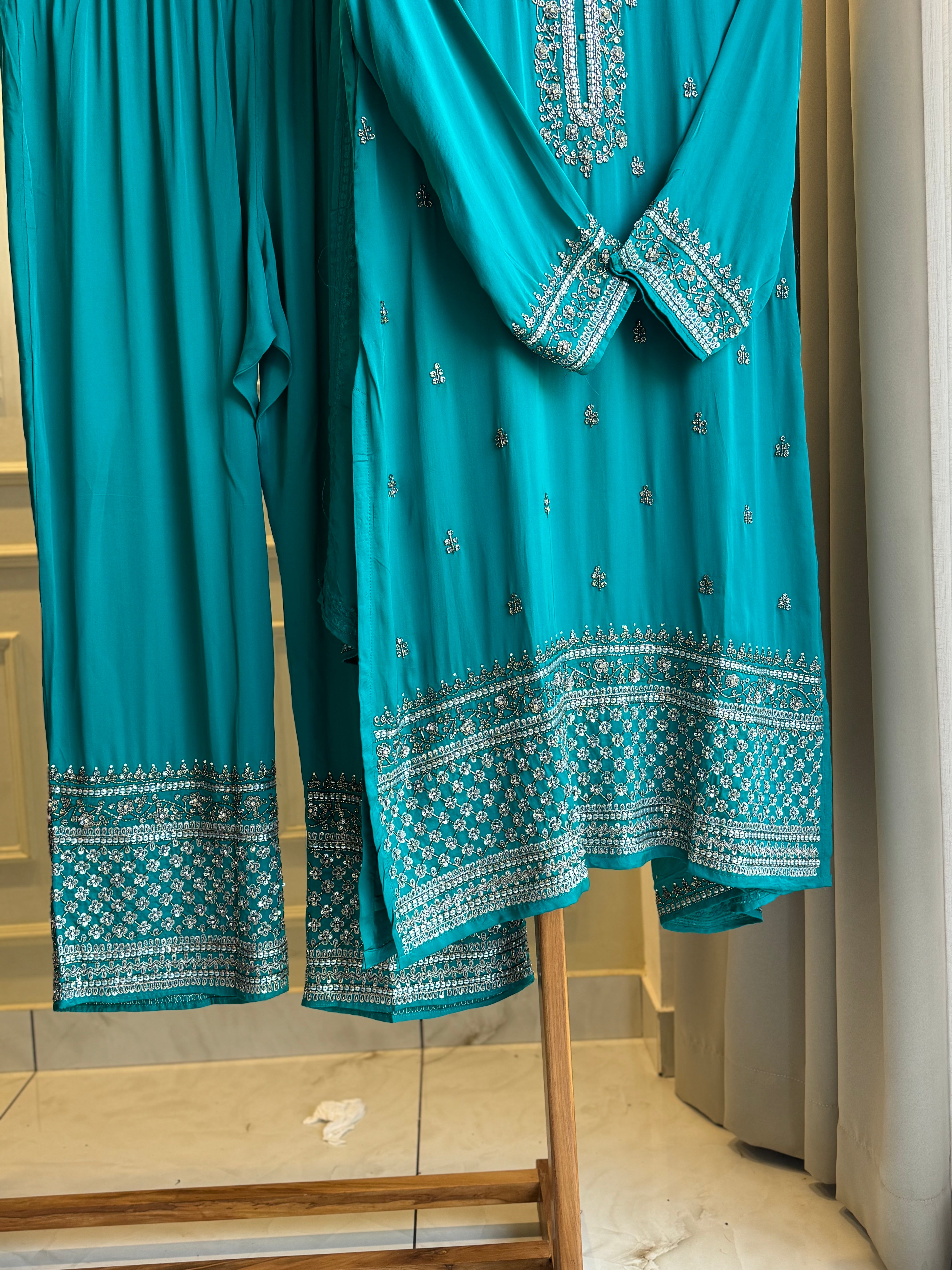 Handworked satin silk Suit with organza heavy dupatta-10160