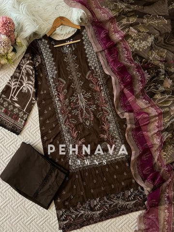 New Cotton Embroidered Suit with Chiffon/Cotton Dupatta-3374