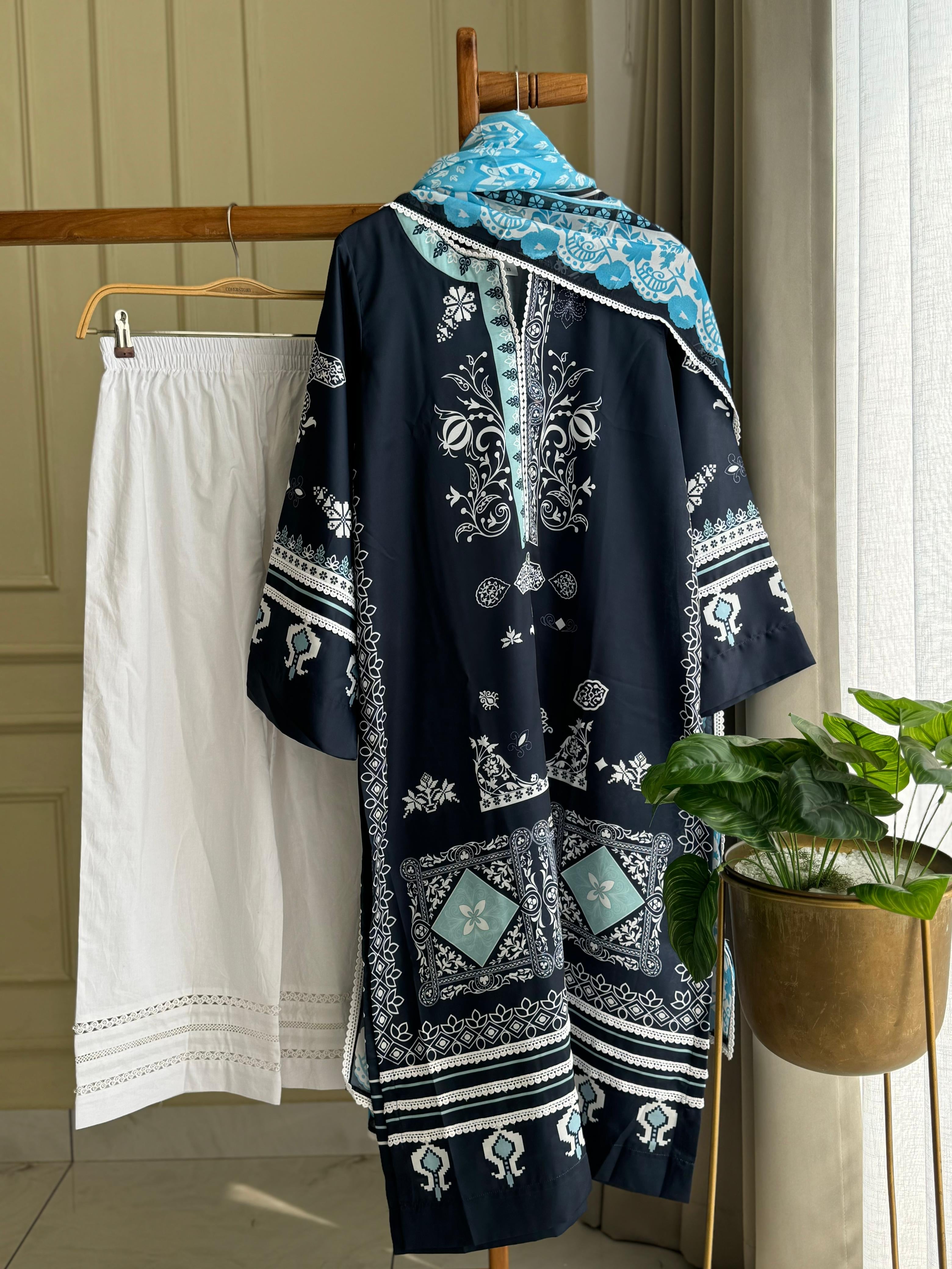 Premium Viscous Silk Denim Gray Tunic Set