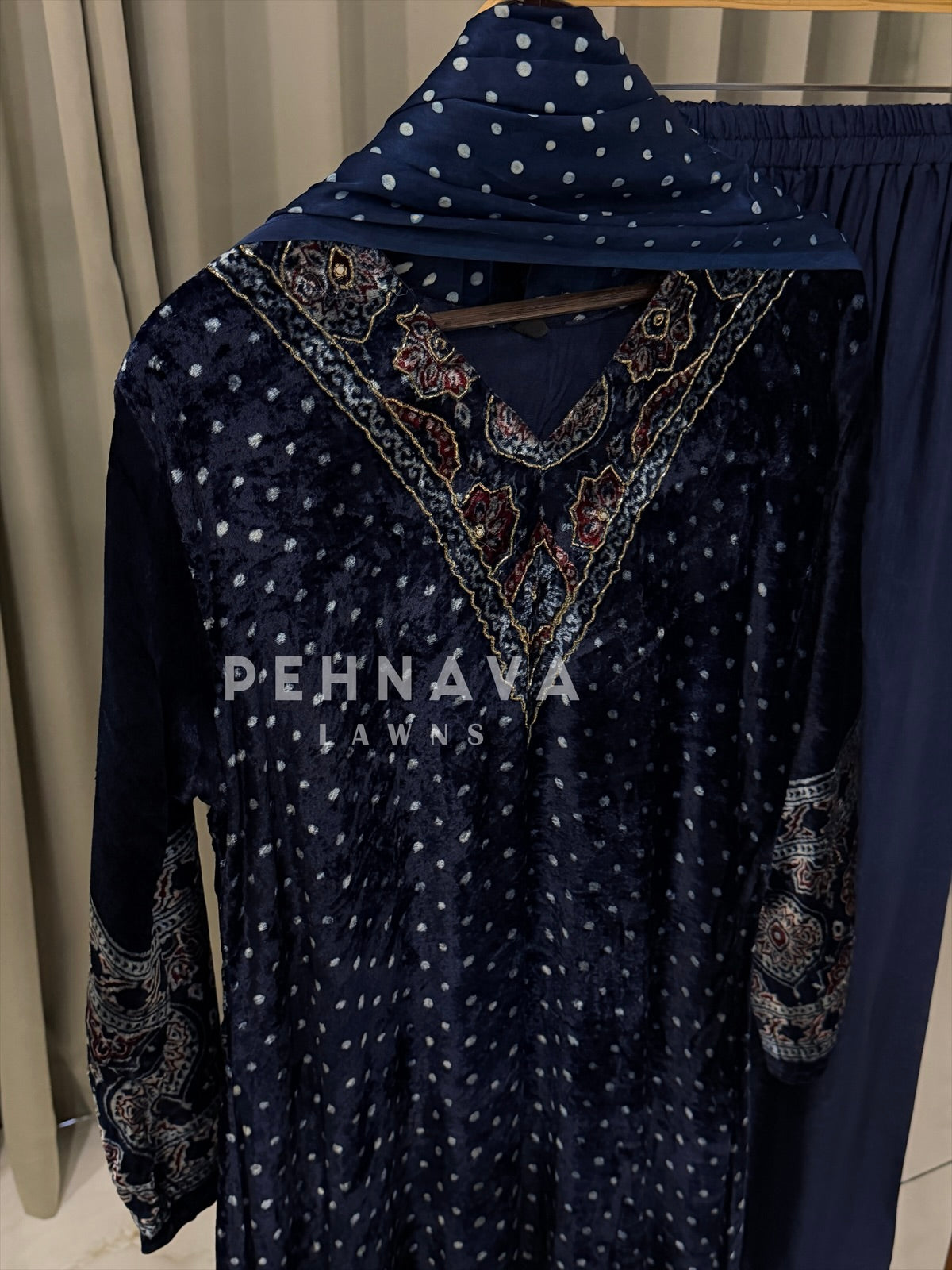Velvet Printed Three Piece Ensemble-3298