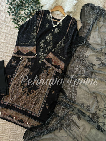 Embroidered casual suit with Chiffon Dupatta-Black 1128D