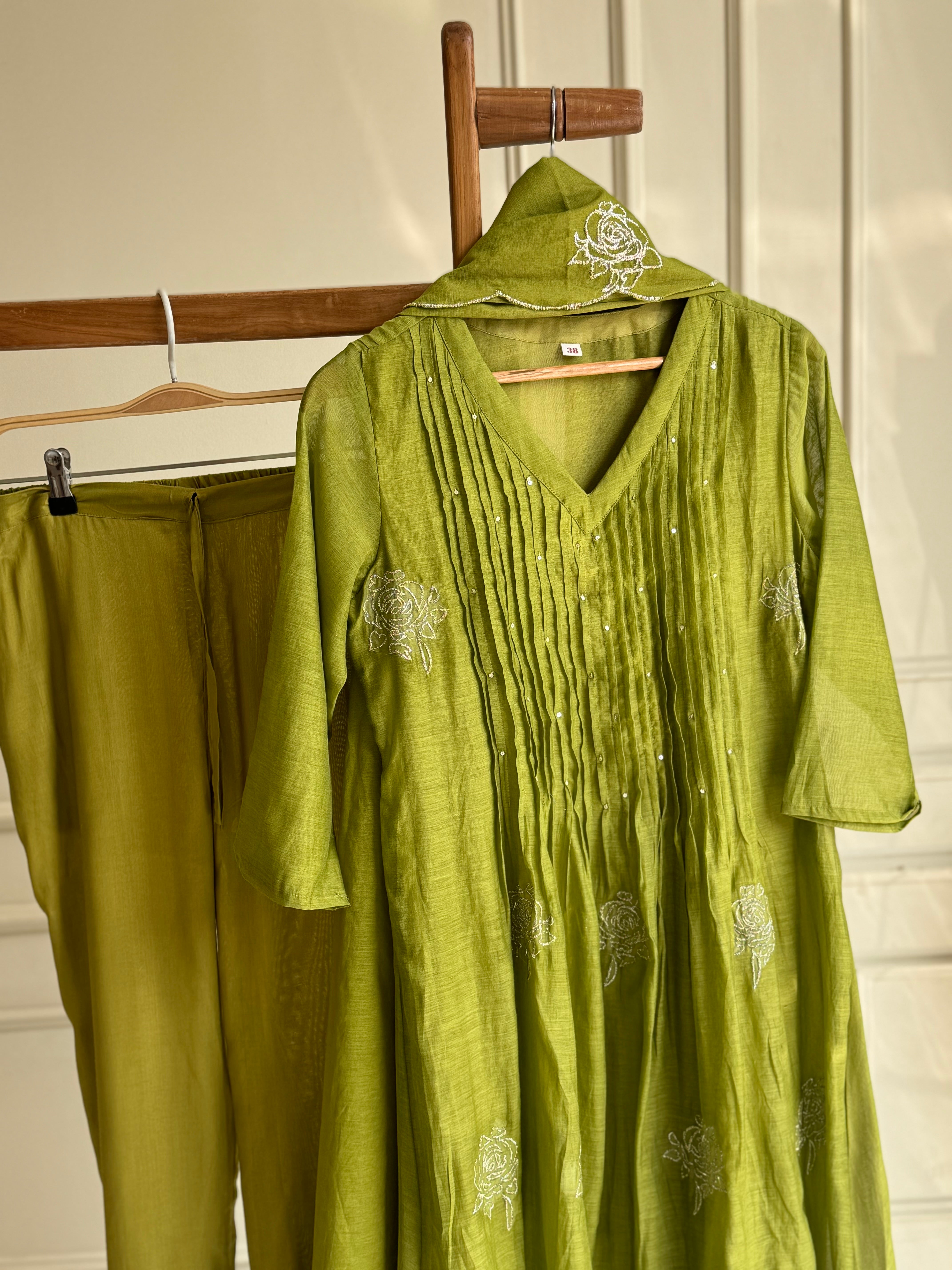 Premium mul silk pleated embroidered suit -color options 4468